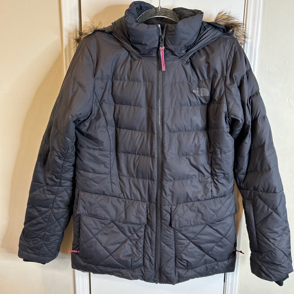 The North Face Womens Black Down Puffer Jacket Faux Fur Trim Hooded Size M